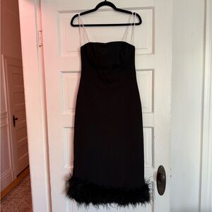 Black Mid-Length Dress with Feathers